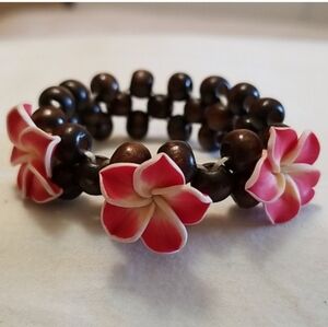 Plumeria Flower Wood Bead Bracelet Tropical